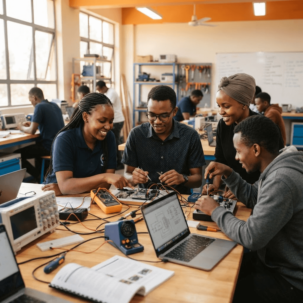Students collaborating in a modern technical training college